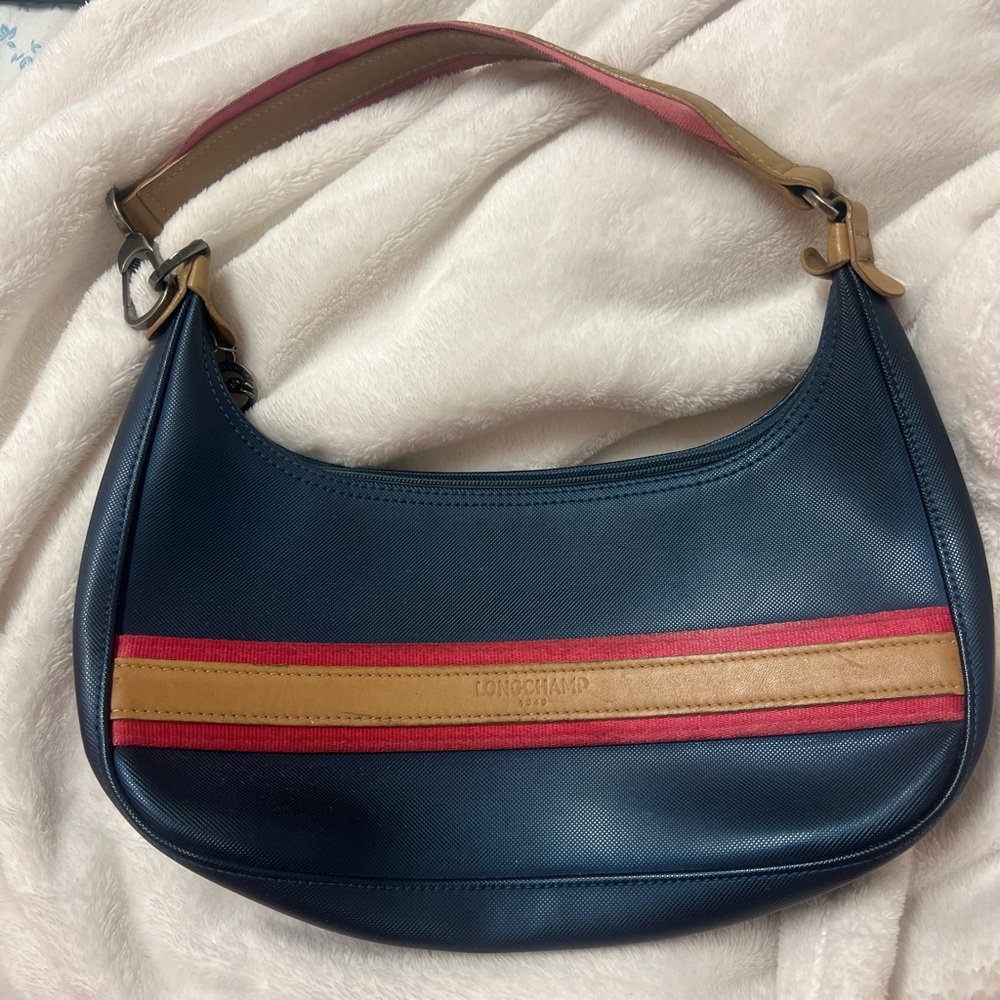 Longchamp Hobo Bag in Navy with Red and Tan Stripes